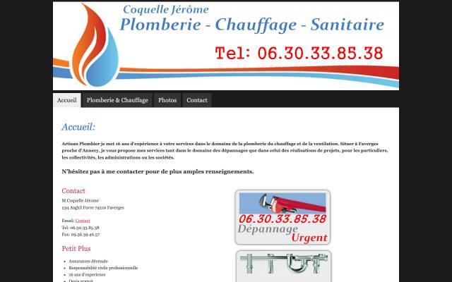 Site actuel du même plombier chauffagiste : bandeau pixellisé, texte dense et coordonnées reléguées en bas de page.