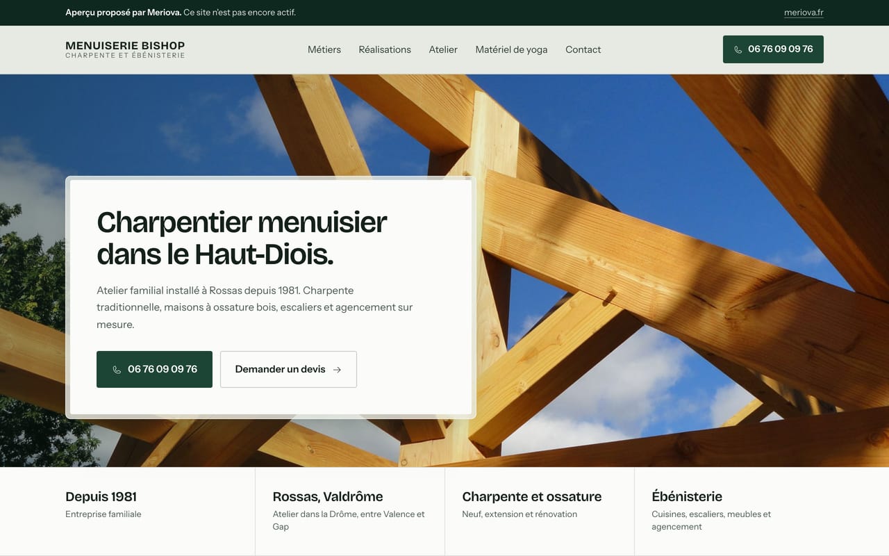 Page d’accueil de la maquette d’un menuisier charpentier dans la Drôme