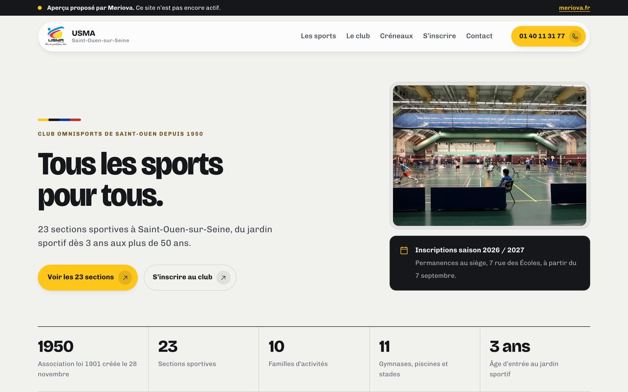Page d’accueil de la maquette d’un club omnisports de Seine-Saint-Denis